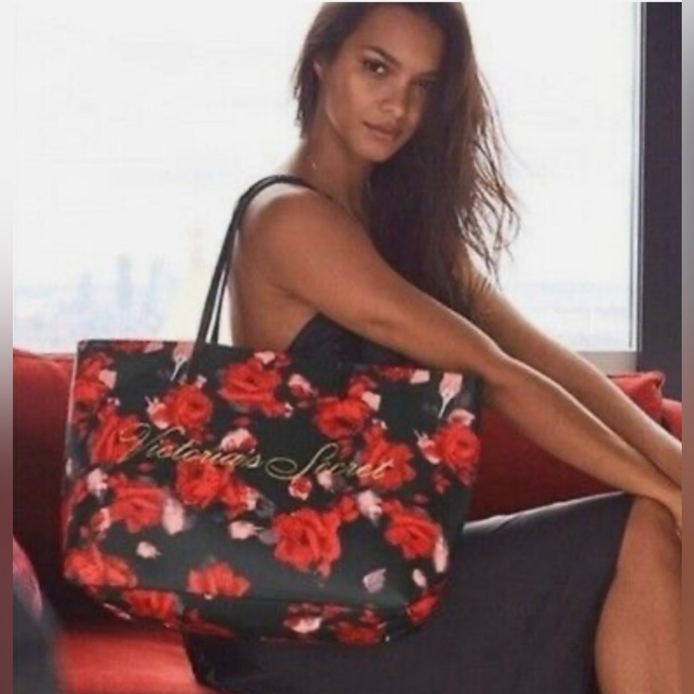 VICTORIA'S SECRET BLACK FLORAL RED ROSES PURSE HANDBAG LARGE TOTE SHOULDER BAG